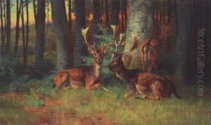 Skovparti Med Kronvildt by Adolf Heinrich Mackeprang