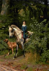 Lille Pige I Bla Kjole Rider I Skoven Med Sin Hund Lille Pige I Bla Kjole Rider I Skoven Med Sin Hund
