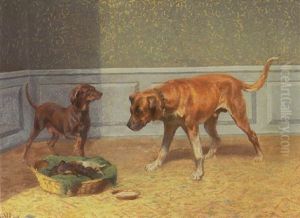 Interior Med To Hunde 'caesar Og Dianna' Med Deres Hvalpe by Adolf Heinrich Mackeprang