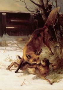 Raev Og Hare I Vinterskoven by Adolf Heinrich Mackeprang
