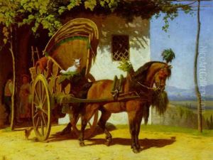 Sydlandsk Gardparti Med Personer, Hons Og Pyntet Hestekaerre Med Vintonder Og En Hund by Adolf Heinrich Mackeprang