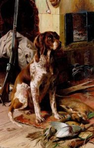 Tysk Kortharet Jagthund Siddende Stolt Ved Sit Bytte by Adolf Heinrich Mackeprang