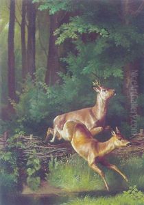 Skovparti Med Springende Hjorte Ved Baek Skovparti Med Springende Hjorte Ved Baek