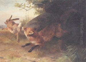 A Fox Chasing A Rabbit by Adolf Heinrich Mackeprang