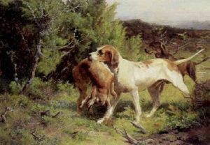 Jagtscene Med To Hunde, Der Har Hentet En Hare by Adolf Heinrich Mackeprang