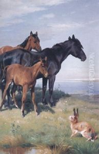 Hengst, Stute Und Fohlen Schauen Einem Hasen Zu by Adolf Heinrich Mackeprang