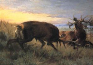 Kronhjorte I Kamp by Adolf Heinrich Mackeprang