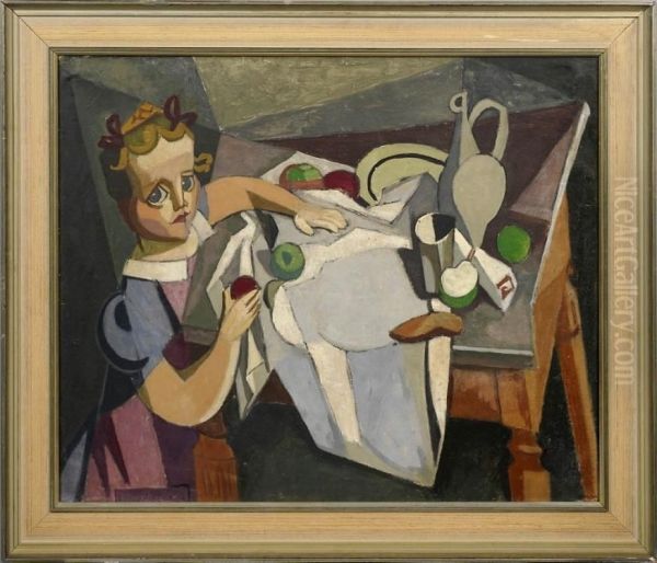 Kubistische Darstellung Eines Am Tisch Sitzenden Madchens Mit Apfeln, Dessen Melancholischer Zug Durch Das Dezente Kolorit Verstarkt Wird. Hochst Eindrucksvolles Werk Der Deutsch-niederlandischen Kunstlerin, Die 1895-1904 In Paris Und Berlin Studierte Und - view 1