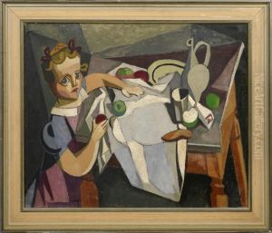 Kubistische Darstellung Eines Am Tisch Sitzenden Madchens Mit Apfeln, Dessen Melancholischer Zug Durch Das Dezente Kolorit Verstarkt Wird. Hochst Eindrucksvolles Werk Der Deutsch-niederlandischen Kunstlerin, Die 1895-1904 In Paris Und Berlin Studierte Und by Else Berg