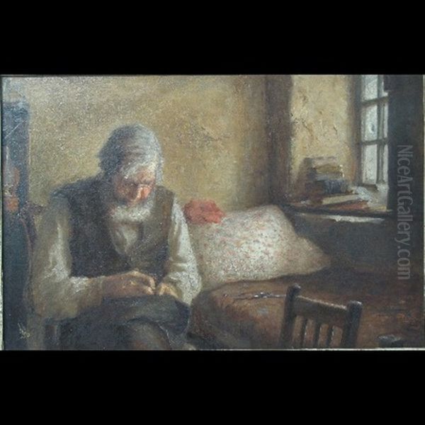 Interior Scene With Bearded Man Darning By A Window - view 1
