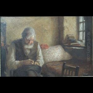 Interior Scene With Bearded Man Darning By A Window by Charles Hodge Mackie