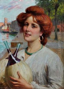 A Young Venetian Woman Carrying Two Bottles Of Chianti