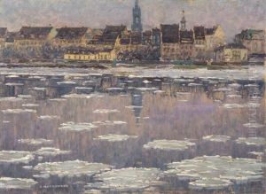 Dresden - Blick Auf Die Winterliche Elbe Und Das Neustadter Ufer Mit Dem Turm Der Dreikonigskirche by Siegfried Mackowsky