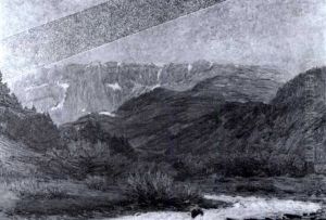 Partie In Den Dolomiten Mit Blick Auf Den Rosengarten Im Abendlicht by Siegfried Mackowsky