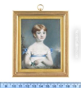 Isabella Campbell Of Sonachan, Wearing White Dress With Sky Blue Sash And Matching Ribbons At Her Shoulders, She Holds A Sprig Of Holly In Her Left Hand, Blonde Hair
