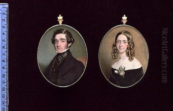 Daniel Shears, Seated, Wearing Black Coat, Moss-green Velvet Waistcoat And Black Cravat (+ Mary Shears, Wearing Black Dress With White Frilled Trim, A White Rose At Her Corsage; Pair) - view 1