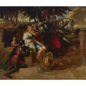 Couple Relating A Story To Soldiers With Biblical Relics Before Them In A Landscape With Roman Ruins by Daniel Maclise