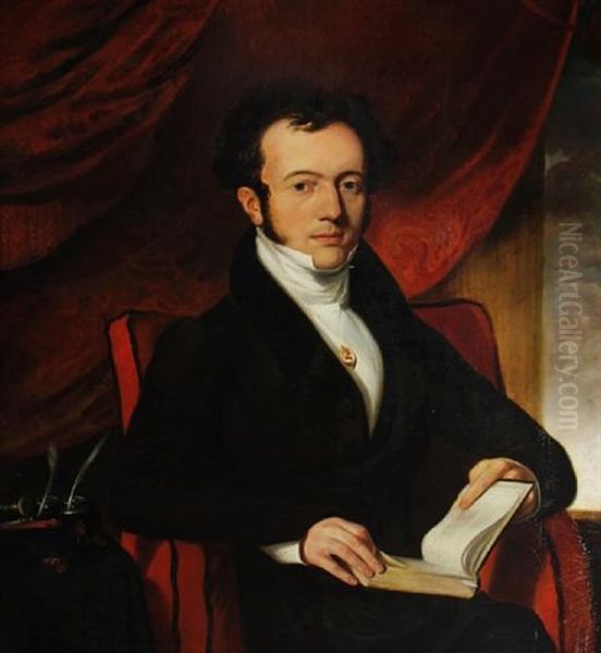 Portrait Of M. Marcelles, Honourary Consul To Cork, In A Brown Coat With A Cameo Pinned To A White Waistcoat, Seated In An Interior, On A Red Chair - view 1