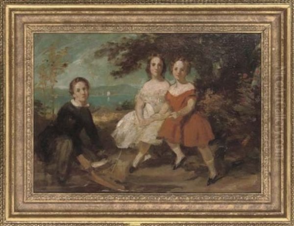 A Group Portrait Of Three Children,seated In A Landscape - view 1