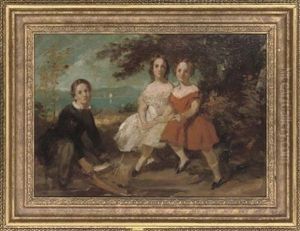 A Group Portrait Of Three Children,seated In A Landscape A Group Portrait Of Three Children,seated In A Landscape