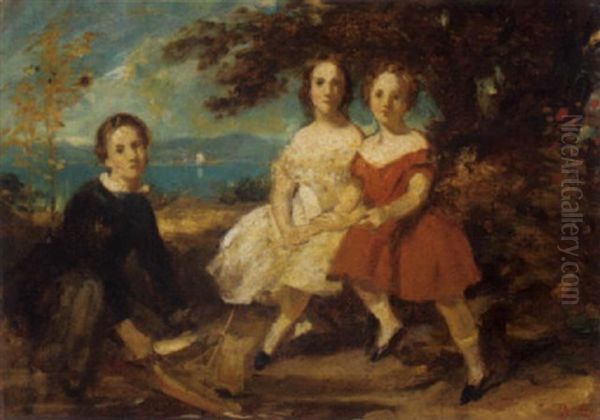 Portrait Of Three Children In A Lake Landscape - view 1