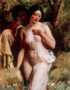 A Young Woman Bathing In A Lily Pond With An Attendant Behind