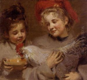 Marjorie And Berthe Feed Their Pet Rooster "coco" by Frederick William MacMonnies