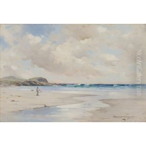 Fisherman On A Deserted Sandy Beach by Robert Russell Macnee
