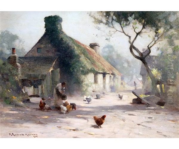 Lady Feeding Chickens Before A Cottage - view 1