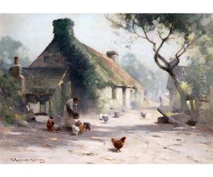 Lady Feeding Chickens Before A Cottage by Robert Russell Macnee