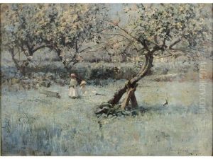 Two Children With A Wheelbarrow In An Orchard