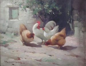 Chickens In A Farmyard by Robert Russell Macnee