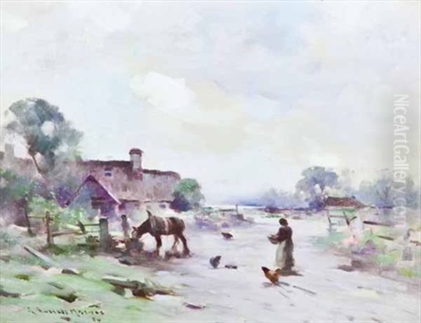 Farmyard Scene With Figures, Hens, And Shire Horse - view 1