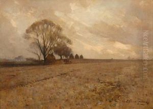 Stubble Field With Plough Team, Corn Stooks And Trees by Robert Russell Macnee