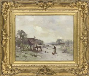 Chickens In A Farmyard (+ Figures And A Horse Before A Cottage; Pair) by Robert Russell Macnee