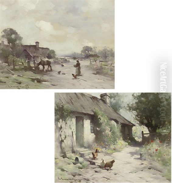 Chickens In A Farmyard (+ Figures And A Horse Before A Cottage; Pair) - view 1