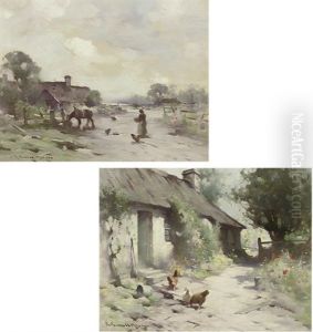 Chickens In A Farmyard (+ Figures And A Horse Before A Cottage; Pair)