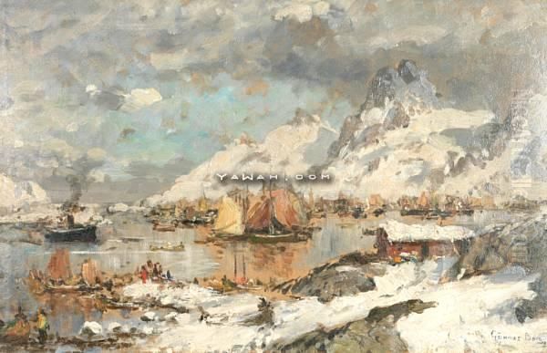Fra Svolvaer Havn Olje Pa Papir Oppklebet Pa Plate - view 1