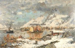 Fra Svolvaer Havn Olje Pa Papir Oppklebet Pa Plate by Gunnar Berg