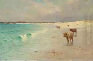 Highland Cattle On The Shore by Robert Russell Macnee