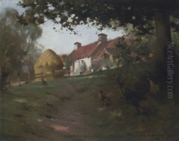 Chickens Feeding By A Farmhouse - view 1