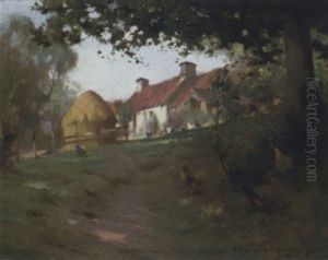 Chickens Feeding By A Farmhouse by Robert Russell Macnee