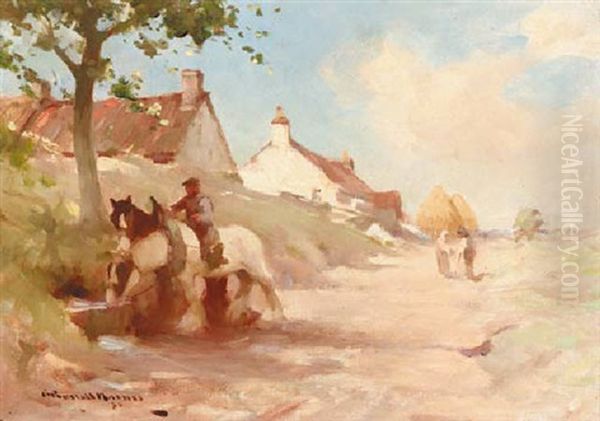 Workhouses At A Water Trough In A Sunlit Village - view 1