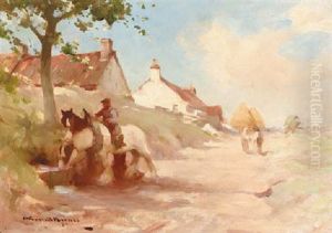 Workhouses At A Water Trough In A Sunlit Village