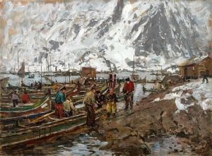 Fra Svolvaer Havn Olje Pa Plate by Gunnar Berg
