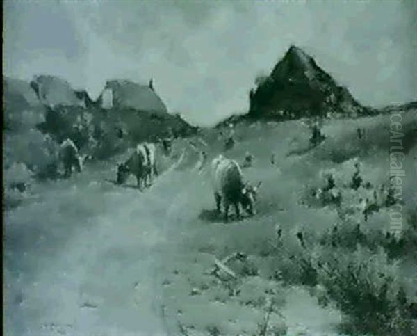 Cattle Grazing By A Village - view 1