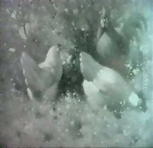 Two Hens And A Cockerel In A Spring Landscpe