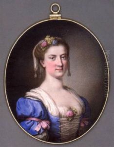 A Young Lady In Blue Dress With White Underdress And Laced Bodice, Pink Bows Tied Around Her Upper Arms And Pink Rose At Corsage, Flowers And A White Scarf In Her Curled Hair
