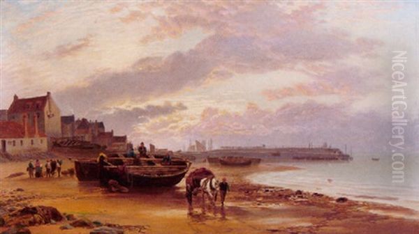 A Scottish Fishing Village With A Figure And Cart On The Beach In The Foreground - view 1