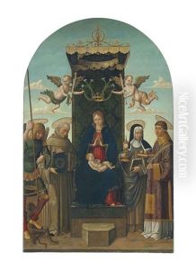 The Madonna And Child Enthroned, With Saints Michael, Bernardino Of Siena, Clare And Stephen, Two Angels Holding A Crown With Lilies Above The Madonna And Child Enthroned, With Saints Michael, Bernardino Of Siena, Clare And Stephen, Two Angels Holding A Crown With Lilies Above